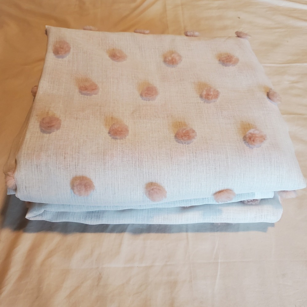 2 Piece Sheer White Valance Set with Blush Pink Tufted Pom Poms Rod Pocket